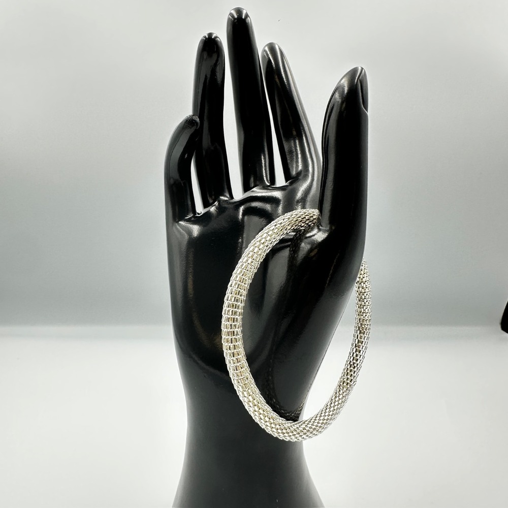 Vintage Silver-Tone Wide Mesh Chain Cuff Bracelet Unisex